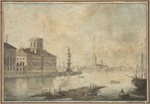 Vista do Neva e da Academia de Ciências - Maxim Nikiphorovich Vorobyev (1787-1855). Caneta, pincel, aguarela, tinta sobre papel, final dos anos 1820 - início dos anos 1830. Museu Estadual de História de São Petersburgo de Maksim Nikiforovich Vorobiev