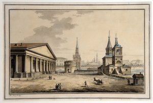 Vista do carrossel, a torre Koutafia e a igreja de São Nicolau o Taumaturgo em Moscou (Rússia). (Vista de Manege, Torre Kutafya e Igreja de São Nicolau, Moscou). Arquitetura: o Manege erguido entre 1817 e 1825, pelo arquiteto Joseph Bove (1784-18