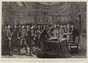 O golpe de estado na Bulgária, o príncipe Alexander forçado a assinar sua abdicação no Palácio de Sophia, 2.30 AM 21 de agosto