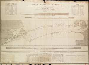 Carta do Oceano Atlântico Norte com sondagens de alto mar e trajectos de cabos telegráficos de Malby Malby