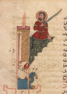 Um relógio de velas, fólio de Kitab fi ma`arifat al-hiyal al-handisaya (O livro do conhecimento de engenhosos dispositivos mecânicos) Automata by al-Jazari (d. 1206) (tinta, aguarela opaca e ouro sobre papel) de Mamluk Sultanate school