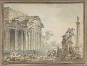 Capricho Arquitetônico com Monumentos Romanos e Lavadeiras, s.d.. de Manner of Hubert Robert