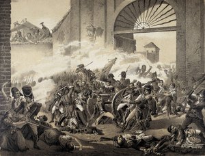 Espanha. Guerra da Independência (1808). Segundo de maio em Madrid. Morte de Luis Daoiz defendendo o Parque Monteleon. Gravura a partir de uma pintura de Manuel Castellano. Litografia. de Manuel (after) Castellano