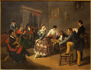 Dançarino numa sala de estar. Pintura de Manuel Cabral Bejarano (1827-1891), óleo sobre tela