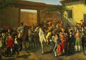Cavalos em um pátio pela praça de touros antes da tourada, Madrid, 1853 (detalhe) de Manuel Castellano