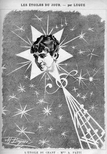 Adelina Patti (1843-1919), cantora italiana. "A estrela do canto", cartoon do cartunista Manuel Luque. Em "O desenho animado", de 1886.