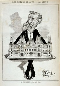 Desenho animado por M. Poubelle, prefeito do Sena, carregando a Prefeitura de Paris em um planalto - Dess. por Luque, em "La Caricature" de 13/08/1887¿