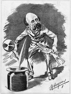 Edmond Gondinet (1828-1888) dramaturgo francês. Desenho animado do cartunista Manuel Luque. Em "O Desenho Animado" de 1886.