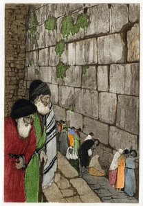 Judeus em frente ao Muro das Lamentações, o único remanescente do Templo de Jerusalém construído pelo Rei Salomão em -950. Gravura de Manuel Orazzi (1860-1934), em "L