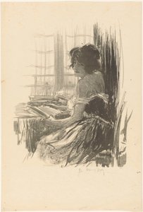 Mulher que lê atrás de uma mesa em frente da janela de Manuel Robbe (signed by artist)
