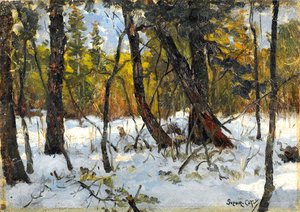 Floresta no inverno (óleo sobre papel colocado a bordo) de Marc Aurele de Roy Suzor Cote