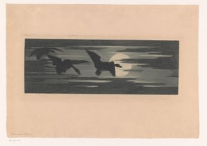 Três patos passando pelo sol poente de Marc Henry Meunier (attributed to)