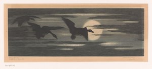 Três patos a migrar para além do sol poente de Marc Henry Meunier (attributed to)