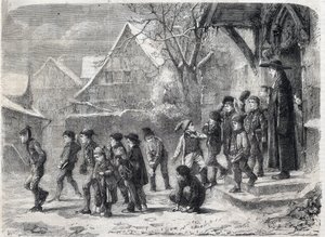 Fora da escola no inverno. Gravura depois de uma pintura de M. B. Vautier em "The Universe Illustrous". de Marc Louis Benjamin (after) Vautier