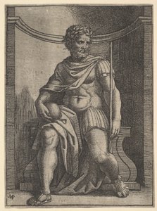 Um imperador romano sentado em um nicho, segurando um globo e um cetro e olhando para o ..., ca. 1500-1534. de Marcantonio Raimondi