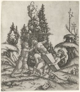 Amor e dois putti ou crianças transportam estátua de putti com âncora alada sobre pedestal de Marcantonio Raimondi