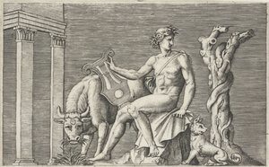 Apollo a guardar o rebanho de Admetus
Representações mitológicas após os antigos baixos-relevos (título da série) de Marcantonio Raimondi