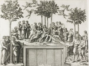 Apolo no Parnaso, cercado pelas musas e poetas de Marcantonio Raimondi