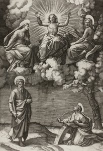 Cristo, a Virgem e São João Batista com os Santos Paulo e Catarina de Marcantonio Raimondi