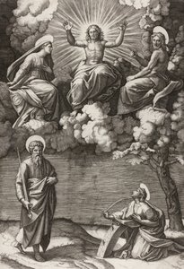Cristo, a Virgem e São João Batista com os santos Paulo e Catarina, 1520-25 de Marcantonio Raimondi