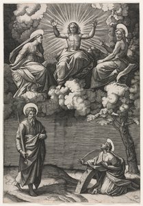 Cristo, a Virgem e São João Batista com os santos Paulo e Catarina, c. 1520-1525. de Marcantonio Raimondi