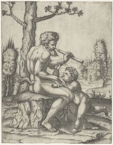 Fauno com flauta toca com criança de Marcantonio Raimondi
