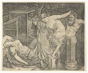 Fragmento de bacanal com mulher satyr e herme e bacante adormecido de Marcantonio Raimondi