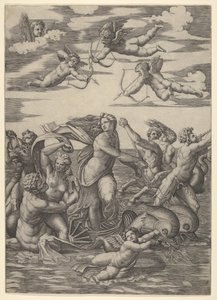 Galatea em pé numa carruagem puxada por dois golfinhos, cercada por tritões, nere ..., 1515-16. de Marcantonio Raimondi