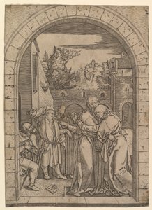 Joachim abraçando Santa Ana sob o portão de ouro em Jerusalém, depois de Dürer, ca. 1500-1534. de Marcantonio Raimondi
