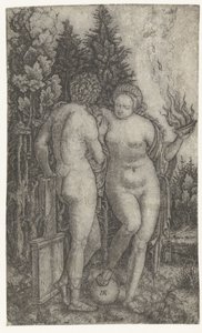Jovem protegido por mulher com globo e oferecendo tigela como a personificação da Fortuna (Fortuna) de Marcantonio Raimondi