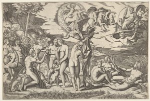 Julgamento de Paris: Paris estende a mão para Vênus, que fica entre Juno e ..., ca. 1520-50. de Marcantonio Raimondi