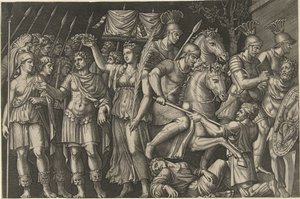 O Imperador Trajano coroado por Vitória está ao lado da personificação feminina de Roma e Romanos em batalha com Dacianos de Marcantonio Raimondi