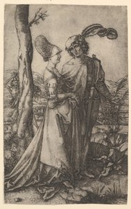 Senhor e senhora andando com a figura da morte, se escondendo atrás de uma árvore, segurando uma hora ..., ca. 1500-1534. de Marcantonio Raimondi