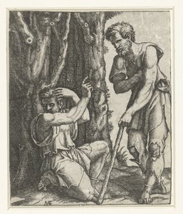 O homem ajoelha-se e afasta-se do mendigo na orla da floresta de Marcantonio Raimondi
