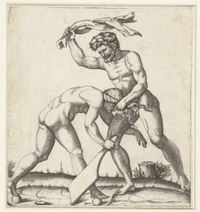 Homem lutando mulher como personificação da Fortuna (Fortuna) de Marcantonio Raimondi