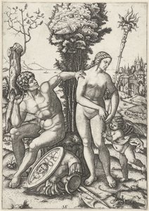 Marte e Vênus como um casal amoroso com Amor de Marcantonio Raimondi