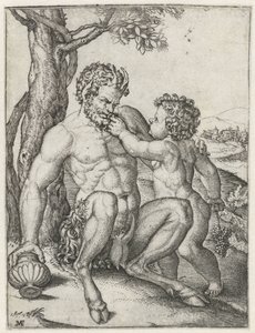 Panela com taça e Bacchus em criança com cacho de uvas de Marcantonio Raimondi