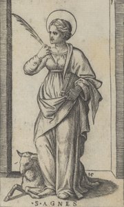 Santa Agnes com uma palma na mão direita, uma ovelha na parte inferior esquerda, de..., ca. 1500-1527. de Marcantonio Raimondi