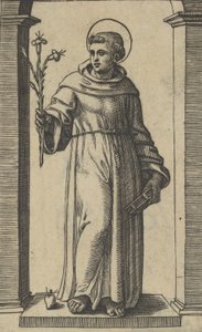Santo António de Pádua de pé, lírios na sua mão direita levantada, um livro na sua ..., ca. 1500-1527. de Marcantonio Raimondi