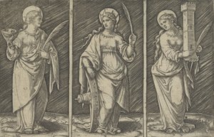 Santa Bárbara à esquerda, Santa Catarina, centro, Santa Lúcia à direita, ca. 1500-1527., c. 1500-1527. de Marcantonio Raimondi
