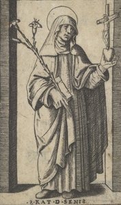 Santa Catarina de Siena de pé com flores e livro na mão direita, uma h..., ca. 1500-1527.
