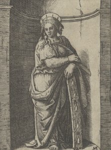 Santa Catarina de pé em um nicho, apoiada sobre uma roda, seu instrumento de tortura..., ca. 1500-1527. de Marcantonio Raimondi