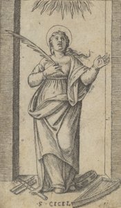 Santa Cecília de pé segurando uma palma de martírio na mão direita, da se..., ca. 1500-1527. de Marcantonio Raimondi