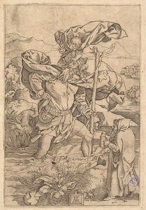 São Cristóvão atravessando o rio com Cristo em forma de putto no seu sh ..., ca. 1500-1534. de Marcantonio Raimondi