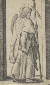 São Tiago Maior, livro é a sua mão direita, bastão à sua esquerda virado para a direita, de t..., ca. 1500-1527. de Marcantonio Raimondi