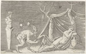 Satyr persegue uma ninfa adormecida
Representações mitológicas após os antigos baixos-relevos (título da série) de Marcantonio Raimondi