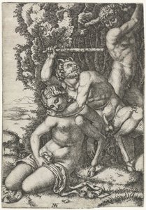 Satyr e o jovem lutando por ninfa de Marcantonio Raimondi