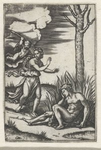 Homem adormecido e ninfa perseguidos por Amor de Marcantonio Raimondi