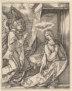 A Anunciação, à esquerda, o Arcanjo Gabriel se aproxima da Virgem em oração ..., ca. 1500-1534. de Marcantonio Raimondi