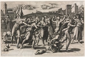 O Massacre dos Inocentes Sem o Pinheiro, c. 1513-1515. de Marcantonio Raimondi